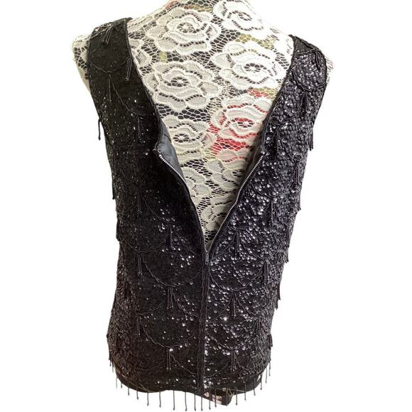Vintage 100% wool Gimbels 1960s black sequin and beaded fringe cocktail top - Picture 3 of 7